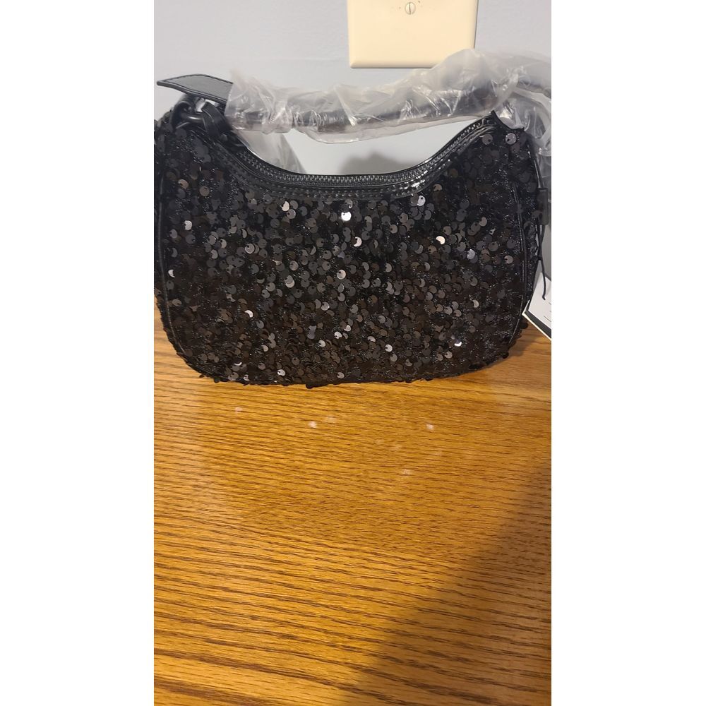 Nicole Miller Black Sequin Shiny Strap Shoulder Bag Purse Logo Formal Dressy New